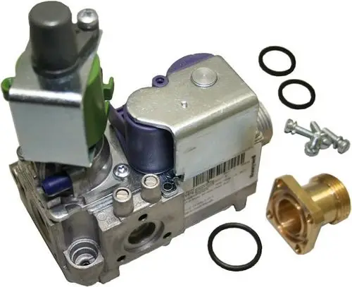 BOSCH Gasarmatur mit verschiedenen Anbauteilen, darunter Schrauben und O-Ringe, zur Verwendung in Heizungs- oder Sanitärsystemen.